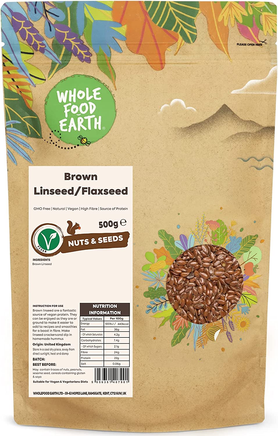 Wholefood Earth Brown Linseed/Flaxseed 500g (Nov 22) RRP 5.94 CLEARANCE XL 3.99
